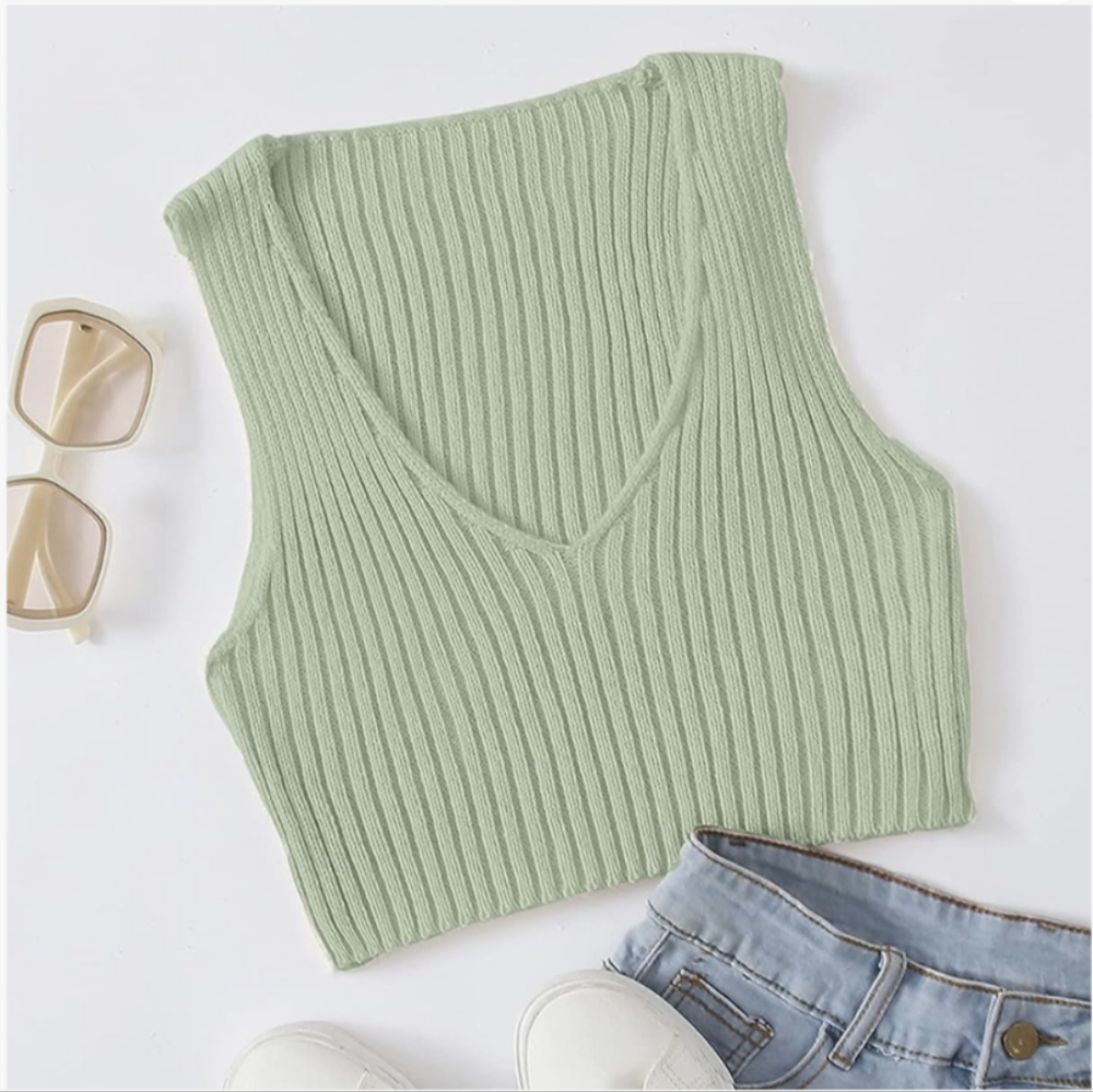 Ribbed V-Neck Crop Tank Top - Sage Green